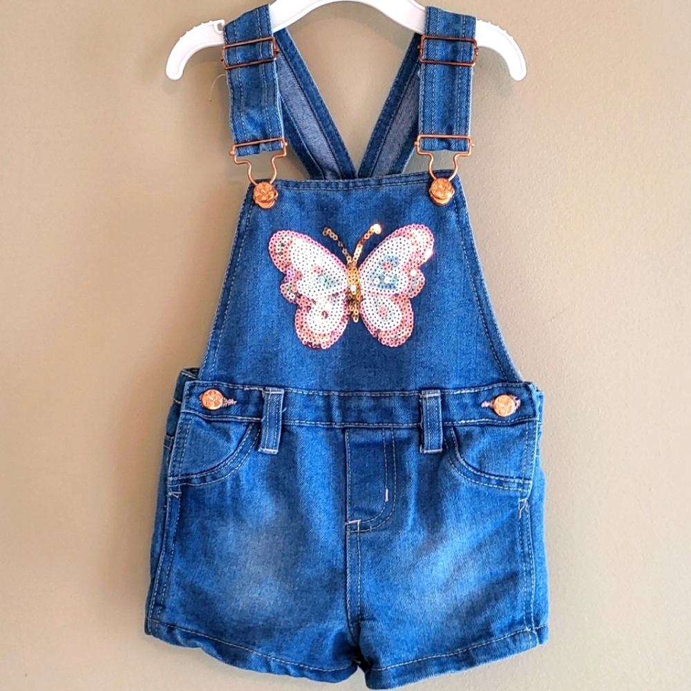 Denim shortalls with sequin butterfly